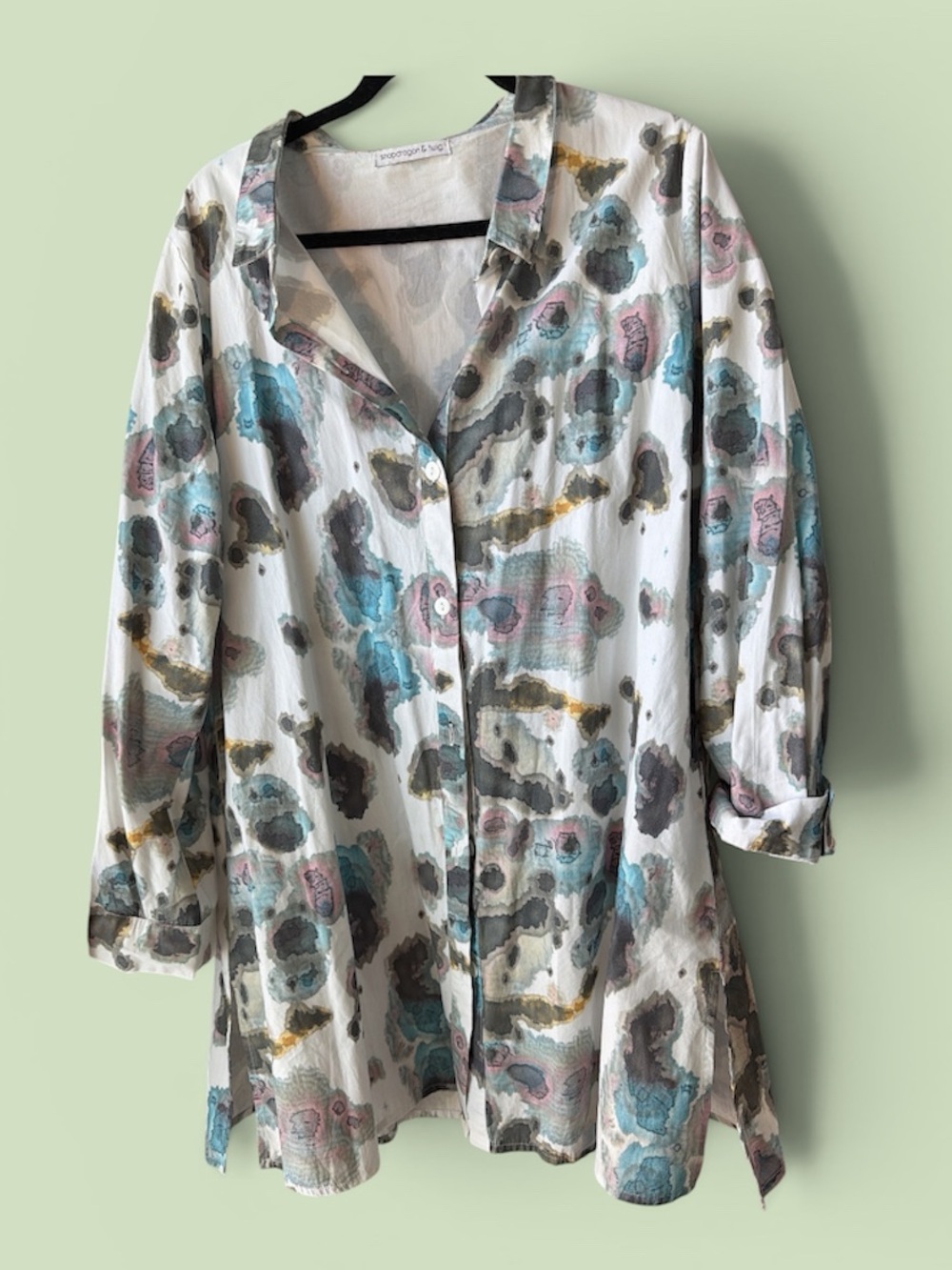 Lightweight Watercolor Print Button-Up Tunic. Fun Design, Jacket or Top